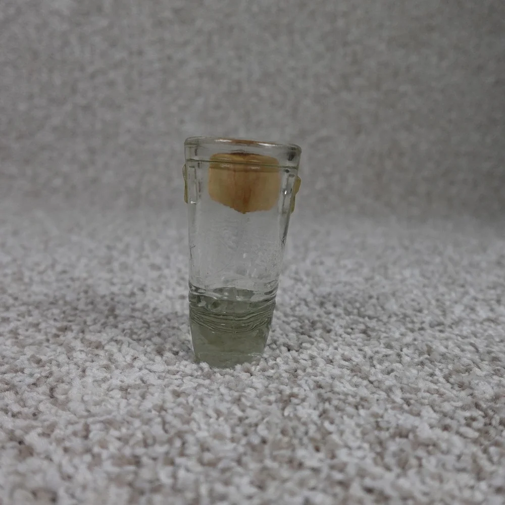 Vintage Merry Christmas Glass Boot Shot Glass Holly Wreath Label 3 Inch
